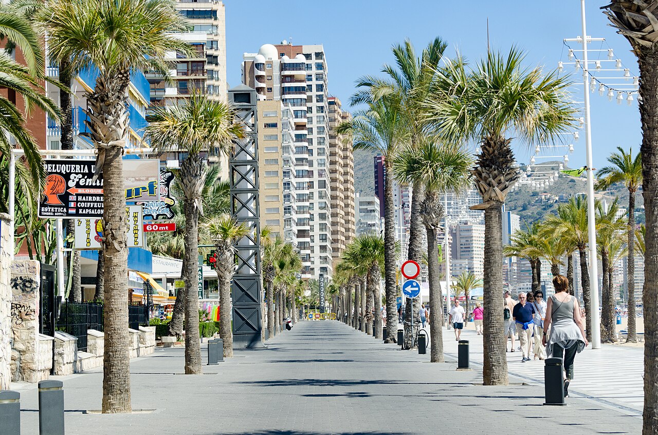The seafront promenade under palms — towers on one side, shopfronts and signage on the other